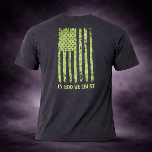 Black Tri-Blend Short Sleeve BTMF Crab Tee w/ In God We Trust Flag (Back)