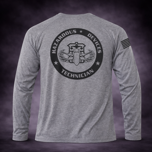 Grey Tri-Blend Long Sleeve BTMF Crab Tee w/ Hazardous Devices Technician Logo (Back)