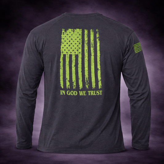 Black Tri-Blend Long Sleeve BTMF Crab Tee w/ In God We Trust Flag (Back)