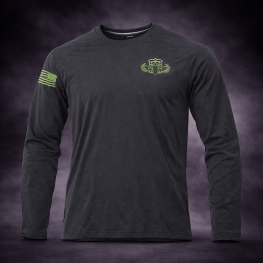 Black Tri-Blend Long Sleeve BTMF Crab Tee w/ Hazardous Devices Technician Logo (Back)