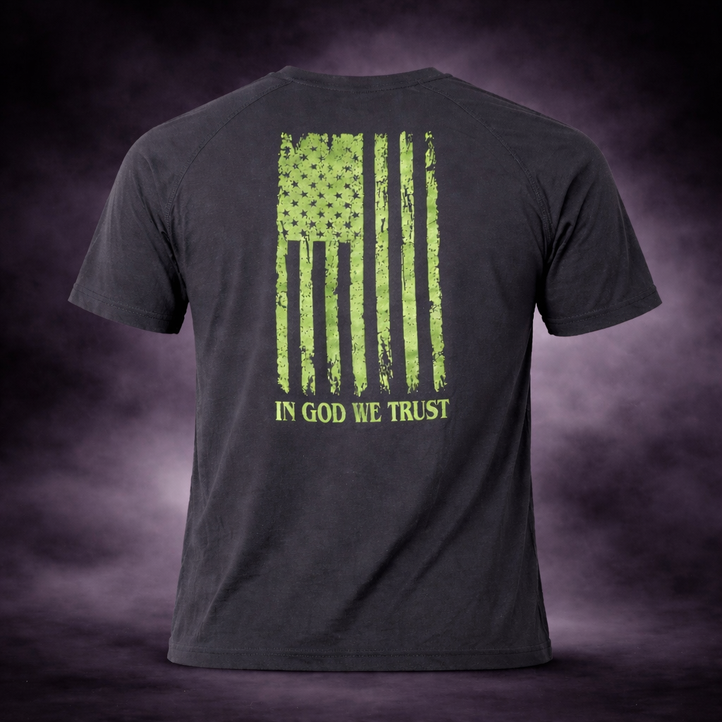 Black Tri-Blend Short Sleeve BTMF Crab Tee w/ In God We Trust Flag (Back)