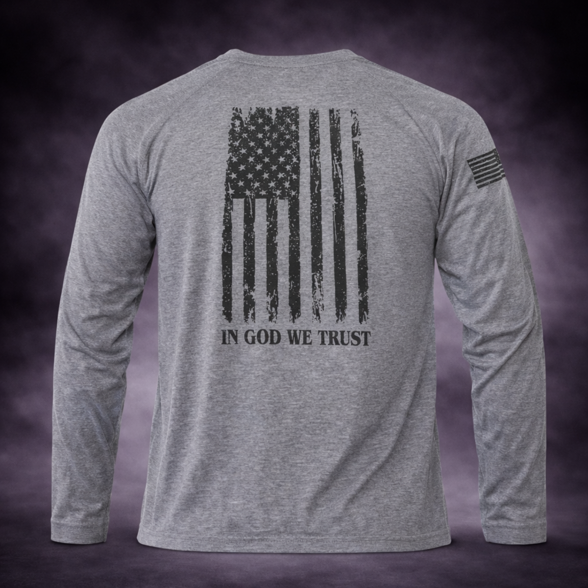 Grey Tri-Blend Long Sleeve BTMF Crab Tee w/ In God We Trust Flag (Back)