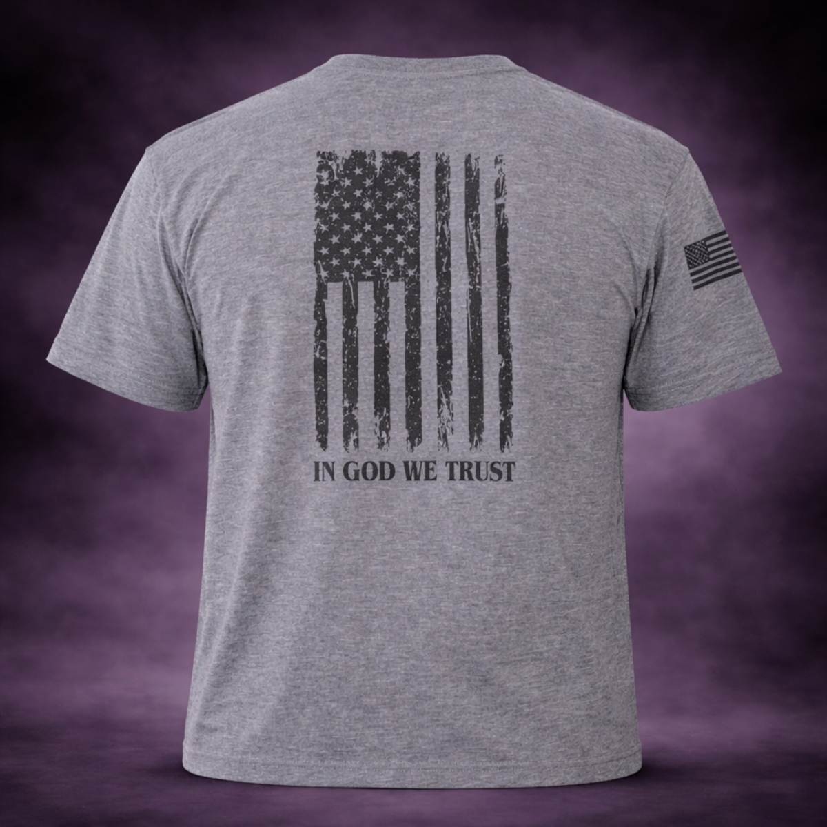 Grey Tri-Blend Short Sleeve BTMF Crab Tee w/ In God We Trust Flag (Back)