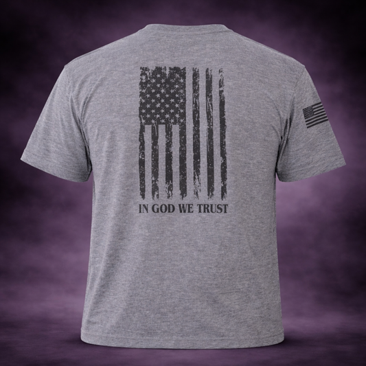 Grey Tri-Blend Short Sleeve BTMF Crab Tee w/ In God We Trust Flag (Back)