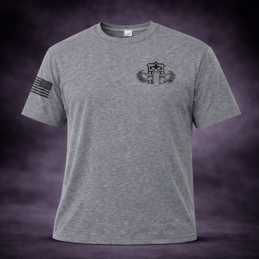 Grey Tri-Blend Short Sleeve BTMF Crab Tee w/ Hazardous Devices Technician (Back)